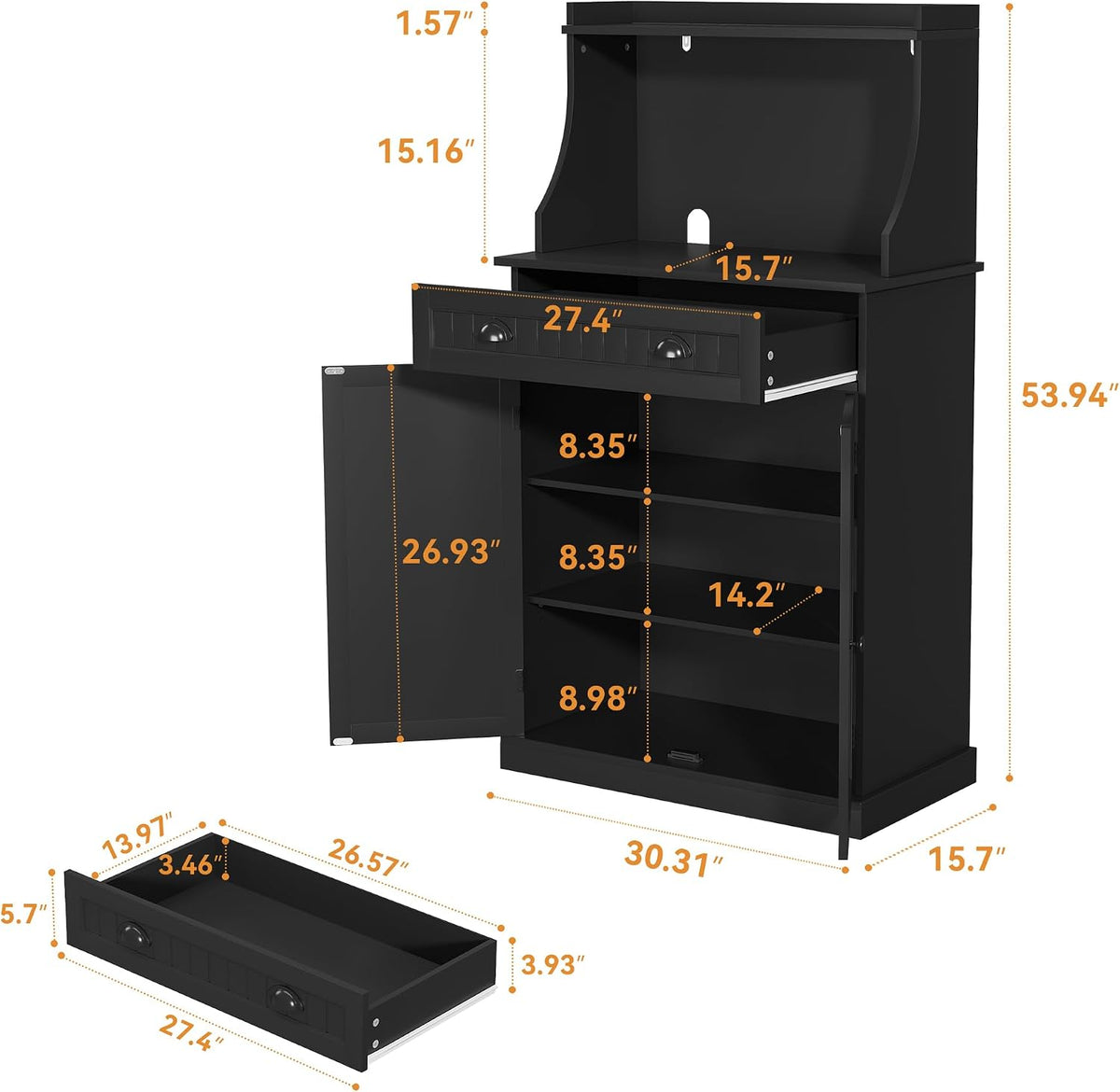 ARTPOWER 54" Kitchen Microwave Cabinet/Stand with Storage and Drawers, Pantry Storage Cabinet with Hutch & Adjustable Shelves for Kitchen, Dining Room, Living Room, Hallway in Black