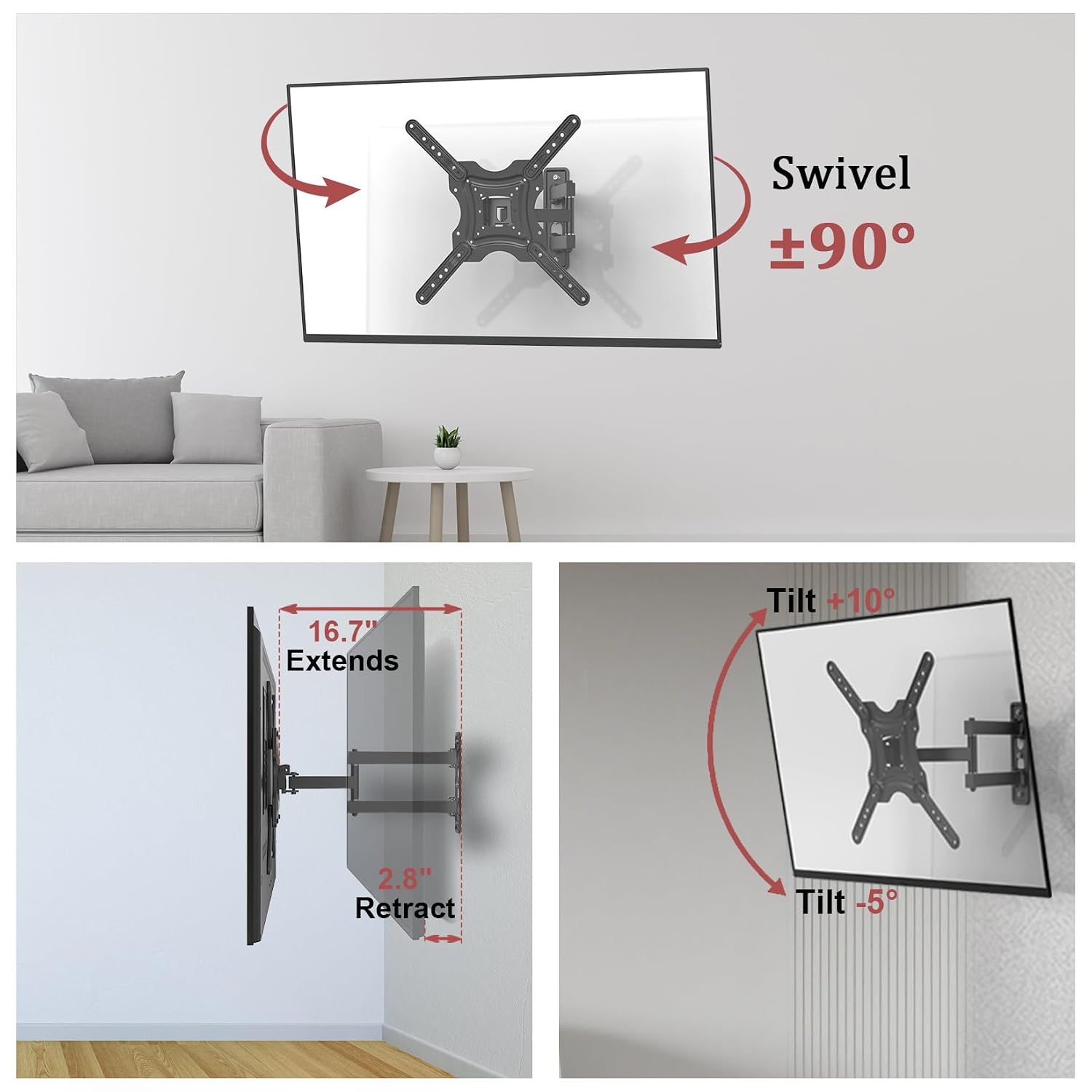 Full Motion TV Wall Mount, Corner Wall Mount Bracket with Swivel Tilt Arm, Fits VESA 400x400mm, 77 lbs Max, Universal TV Mount for LED Monitors Flat Screens for 26-55 Inch TVs