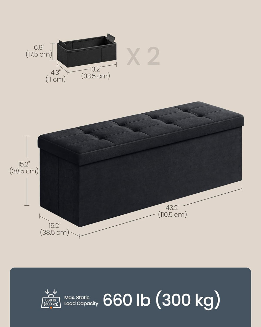 SONGMICS HOME Ottoman with Storage, Removable Lid, Folding Storage Chest, Easy Assembly, for Entryway, Bedroom, Living Room, 15.2 x 43.2 x 15.2 Inches, Velvet, Black
