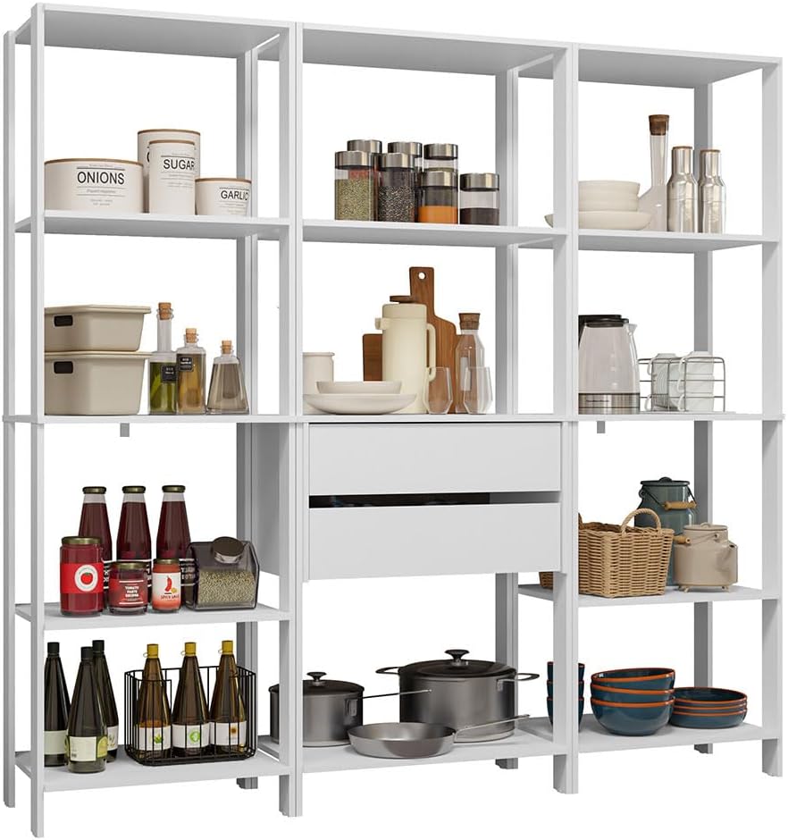 Madesa Kitchen Pantry Storage Rack with 2 Drawers and Open Shelves 74" L Multiuse Modular Cabinet for Kitchen Organization - White