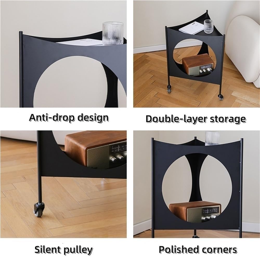 Metal Triangle Side Table with Wheels Movable 2-Tier End Table Modern Coffee Table & Corner Storage Table for Living Room Practical
