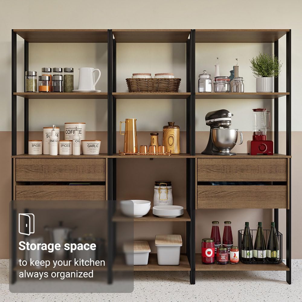 Madesa Kitchen Pantry Storage Rack with 4 Drawers and Open Shelves 78" L Multiuse Modular Cabinet for Kitchen Organization - Black/Brown