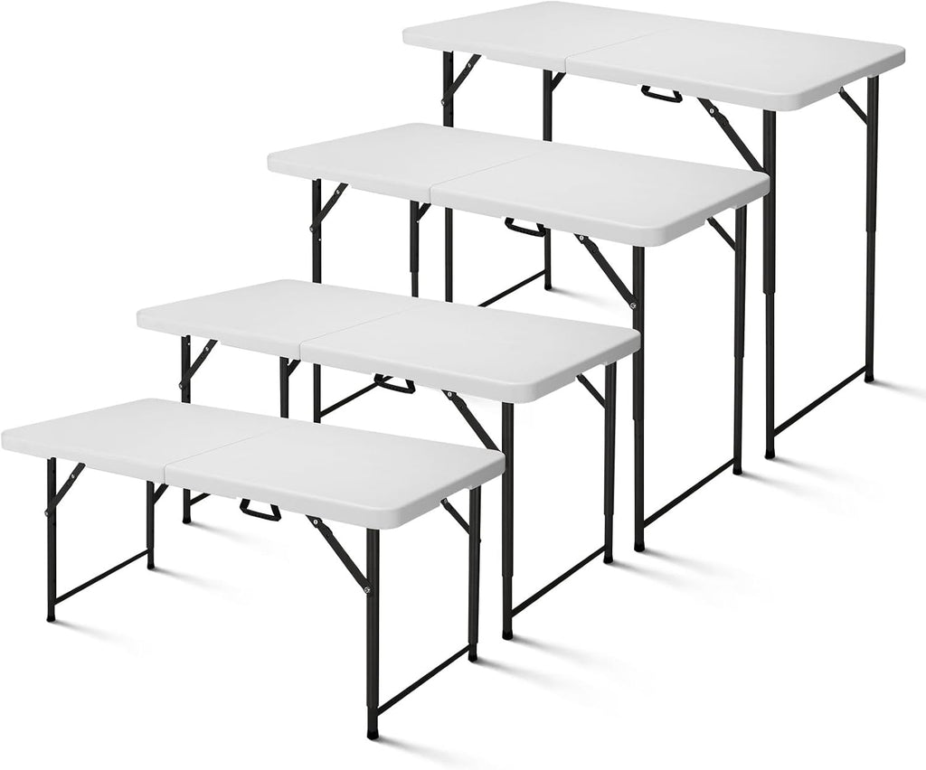 4ft Folding Table, Portable Fold-in-Half Adjustable Height Utility Table for Indoor/Outdoor Use, Durable HDPE & Steel, Stable & Lightweight, Multi-Purpose, White