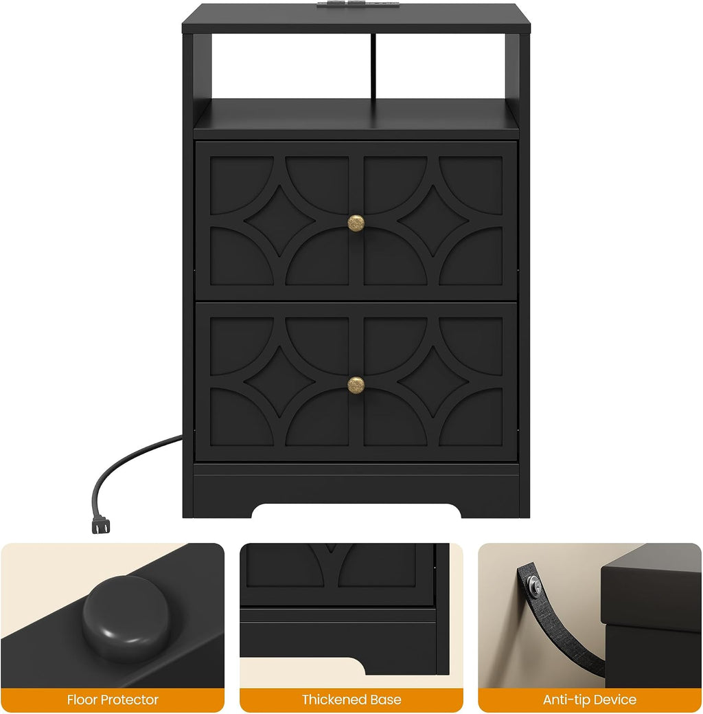 RoyalCraft Nightstand Set of 2, Large Night Stand with Charging Station, Modern Side Table with 2 Drawers, Accent End Table, Storage Cabinet for Bedroom, Entryway, Black