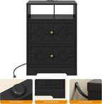 RoyalCraft Nightstand Set of 2, Large Night Stand with Charging Station, Modern Side Table with 2 Drawers, Accent End Table, Storage Cabinet for Bedroom, Entryway, Black