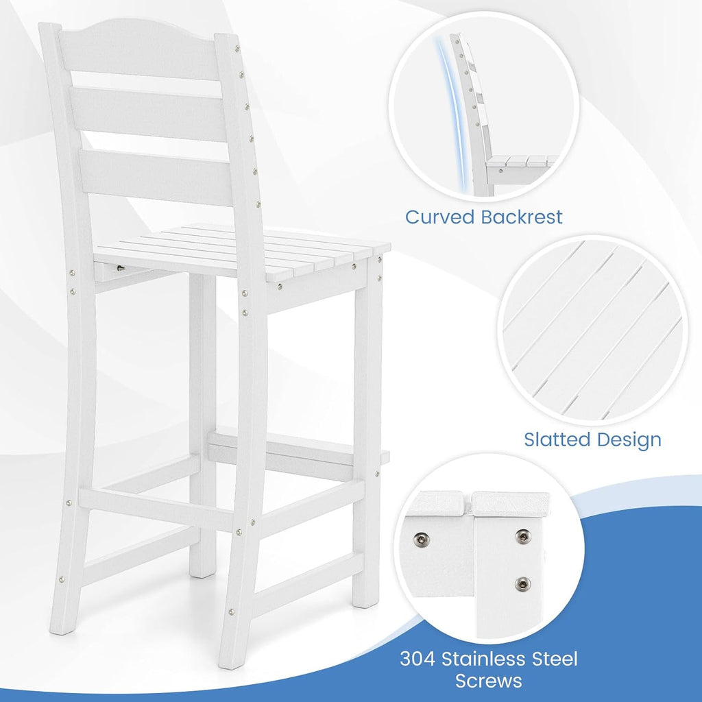 Tangkula Patio HDPE Barstool, Outdoor High Top Bar Chair w/Backrest & Footrest, All-Weather Wood-Plastic Bar Height Chair for Poolside, Backyard, Porch (2, White)