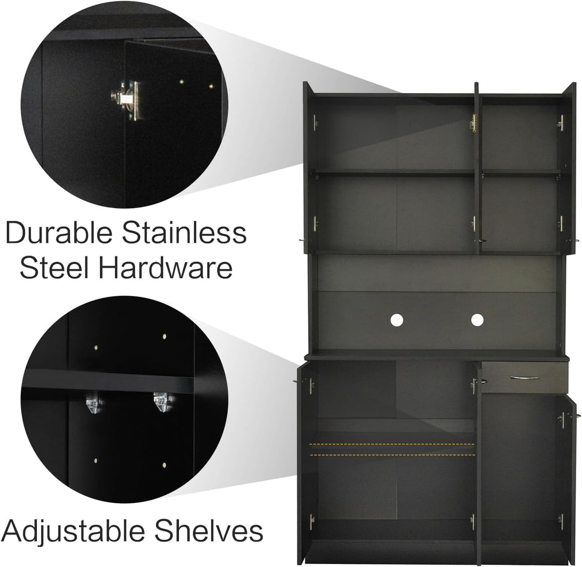 71" Black Kitchen Pantry Cabinets with Microwave Stand, 6 Doors & 3 Adjustable Shelves, Freestanding China Cabinet Hutch, Buffet Cabinet with Storage
