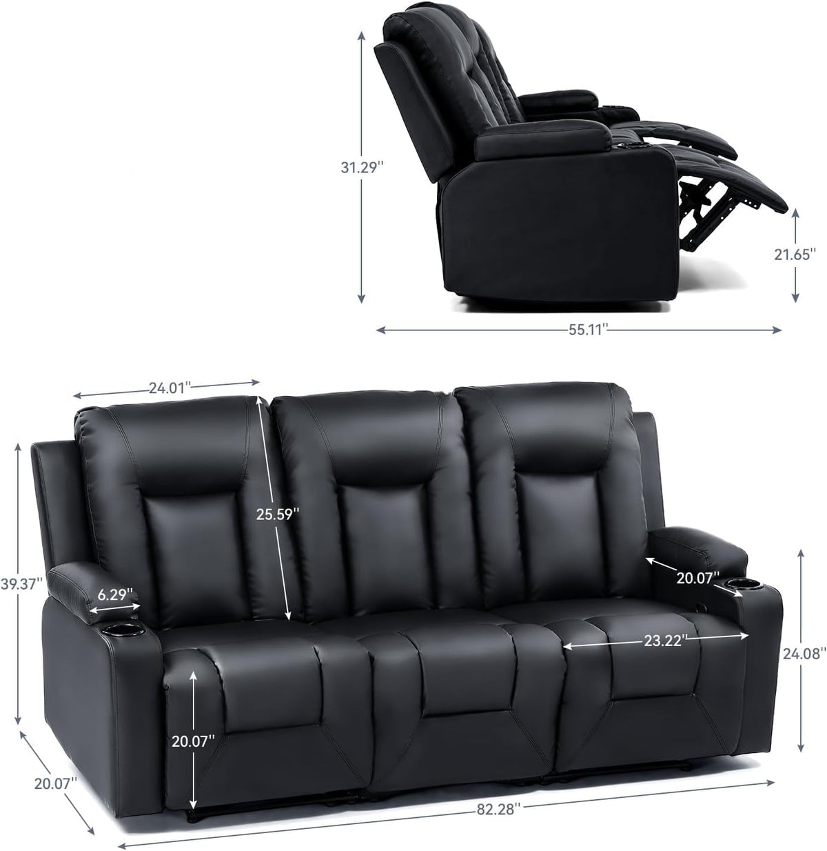LUCKLIFE Faux Leather Recliner Sofa Set,Manual Living Room Furniture Sets | 3 Seat Reclining Sofa Couch and Loveseat with Cup Holders for Meeting Room,3+2