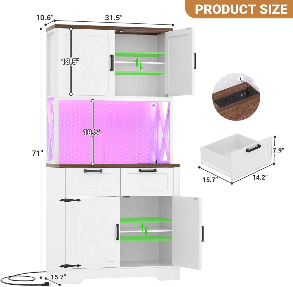 Unikito Pantry Cabinet with Microwave Countertop, 71" Tall Kitchen Pantry Storage Cabinet with Charging Station & LED Lights, Freestanding Kitchen Hutch with Drawers& Pegboard for Dining Room, White