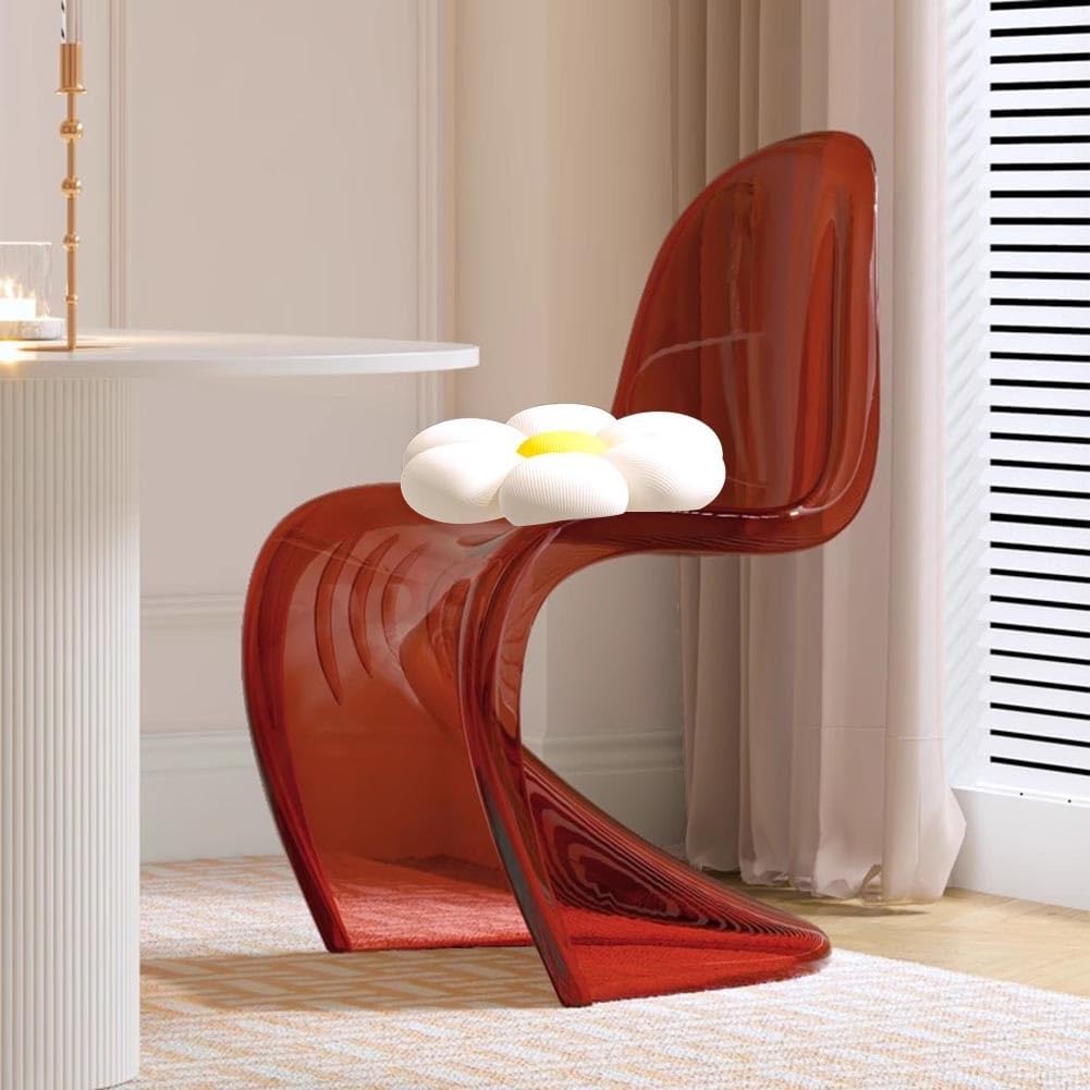 Etlegor Modern Clear Acrylic Dining Chair, S-Shaped Accent Side Chairs Stylish Makeup Stool with Sunflower-Shaped Cushion for Home Kitchen Dining Office(Red)