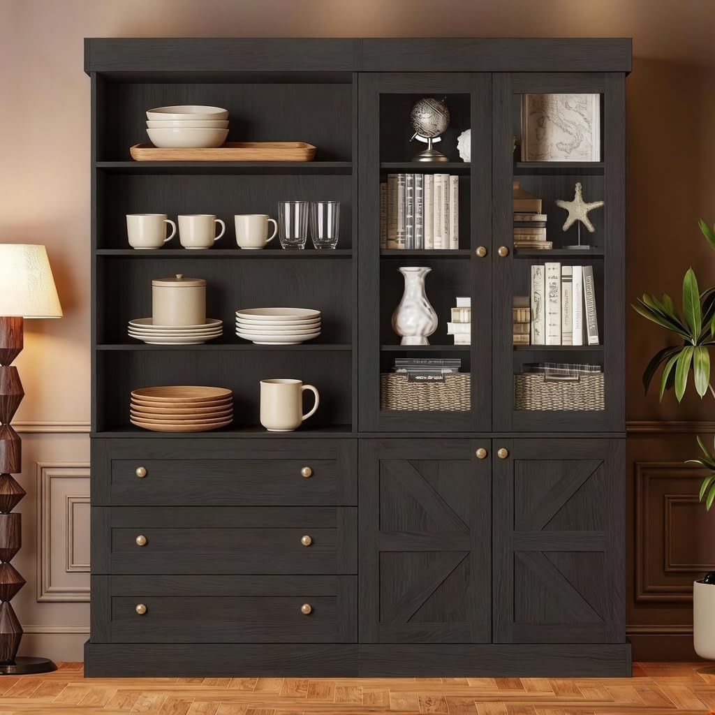 71" Tall Farmhouse Kitchen Pantry, Large Storage Cabinet with Glass Doors, Adjustable Shelves + 3 Drawer, Wood Versatile Hutch Cabinet for Dining Room, Living Room， Black，2Pcs