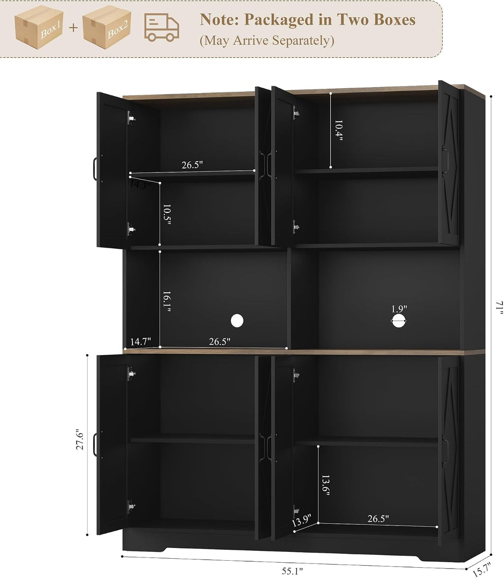 HOSTACK 55" W Pantry Cabinet, 71" Tall Kitchen Hutch Storage Cabinet, Black | Farmhouse Hutch Cabinet with 2 Independant Countertops, 4 Large Storage Cabinets with Shelves / Accent Doors for Dining Room