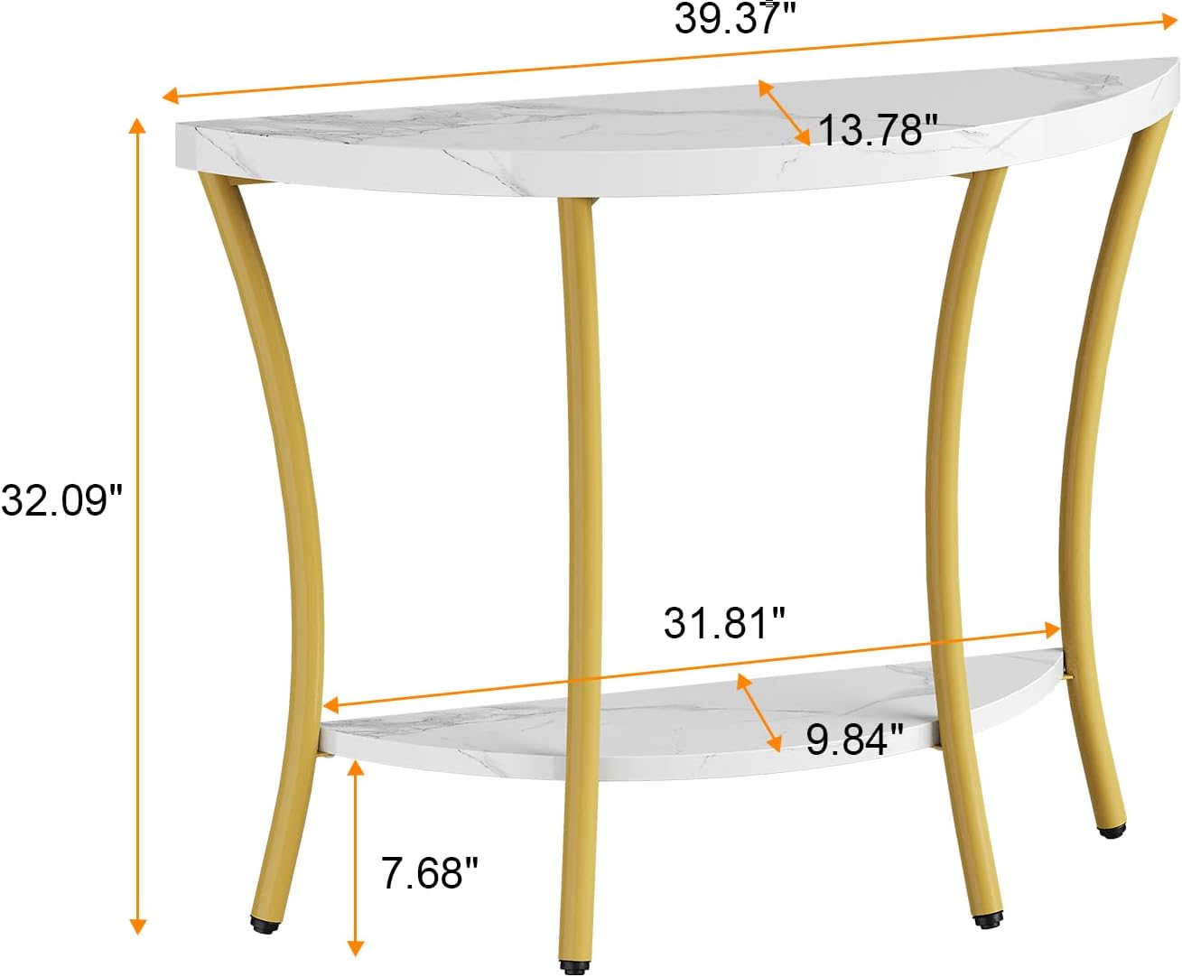 39.4" Console Table with Half Moon Wood Shelves, 2 Tier Modern Entryway Table with Curved Metal Frames, Narrow Sofa Couch Table for Hallway, Entrance, Living Room, Foyer, White Marble & Gold