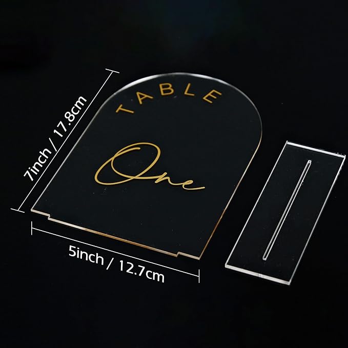 JINMURY Acrylic Arch Table Numbers with Stands, 5x7 Inch Acrylic Arch Sign Table Numbers for Wedding (Clear Gold Font, 1-10)