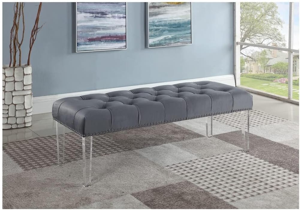 Yafelle 48” Velvet Upholstered Glam Bench with Button Tufted Seat, Silver Nailhead Trim, and 4 Clear Acrylic Legs, Elegant Entryway, Bedroom, or Dining Room Accent Seating, (Grey)