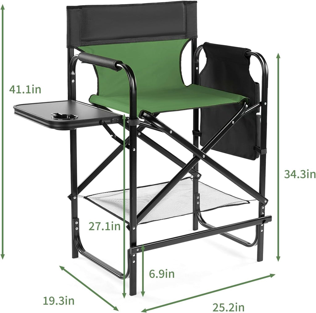 26" Tall Directors Chair, Outdoor Height Seat Folding Chair with Side Table & Storage Bag, Support for 300Lbs, Portable Makeup Artist Chair with Bar Height (Green)