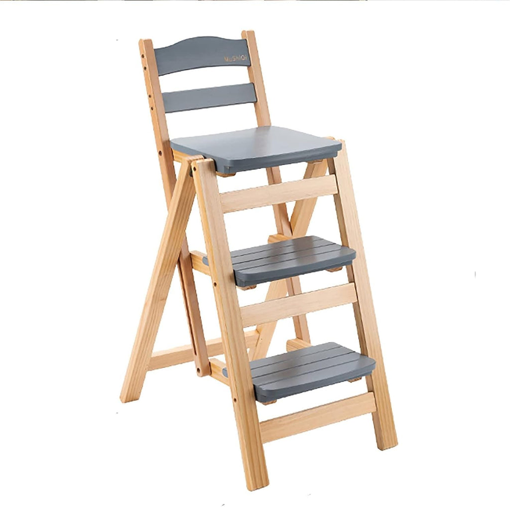 Height Foldable Stool Tall Stool,Solid wood Folding Bar Stool 3 Step Indoor Ladder Stool,Folding High Bar Counter Stool Portable Step Stool Chair ，Bathroom Storage Shelf for Adults Kitchen Outdoor(Gra