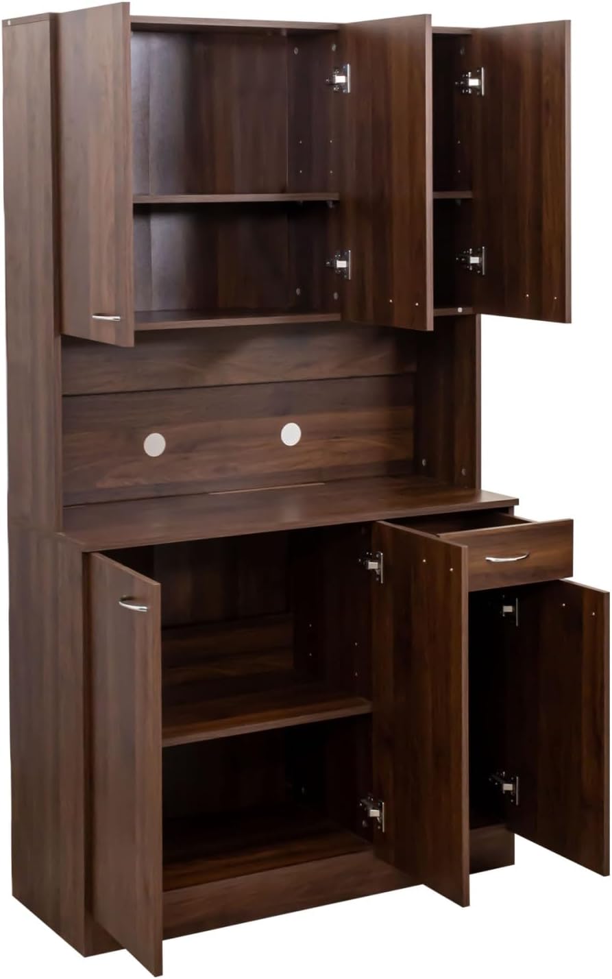 KEIKI 70.87" Tall Kitchen Pantry Storage Cabinet with Countertop, 6-Doors, 1 Drawers, Microwave Stand and Shelves, Freestanding Wood Hutch Food Pantries Cupboard for Coffee Bar, Dining Room