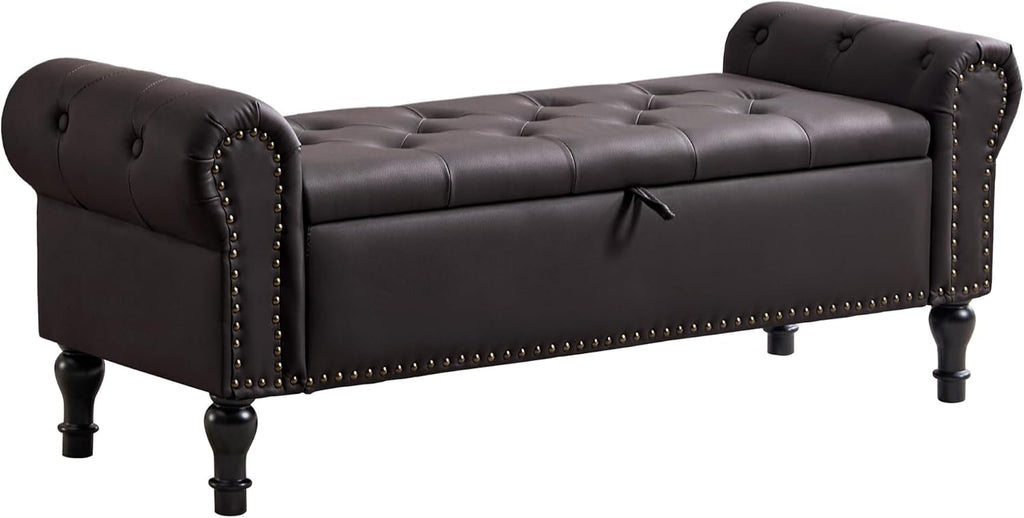 51" Storage Bench for Bedroom, Faux Leather End of Bed Bench, Queen Size Bench with Rolled Arms, Tufted Storage Ottoman Benches, Upholstered Bench for Bedroom, Living Room, Entryway, Dark Brown