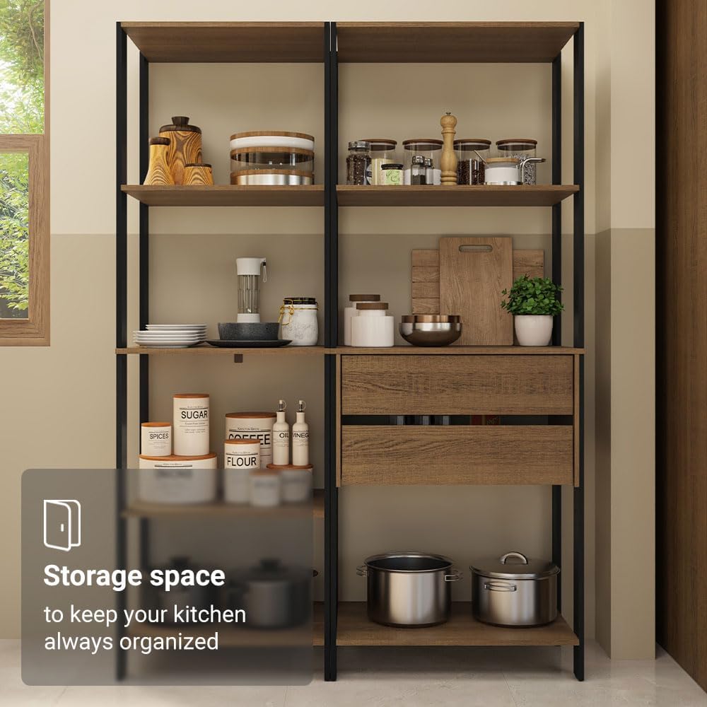 Madesa Kitchen Pantry Storage Rack with 2 Drawers and Open Shelves 51" L Multiuse Modular Cabinet for Kitchen Organization - Black/Brown
