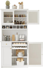 roomfitters Farmhouse Kitchen Pantry Buffet Hutch with Wine Rack and Glass Doors, Tall Storage Cabinet, White
