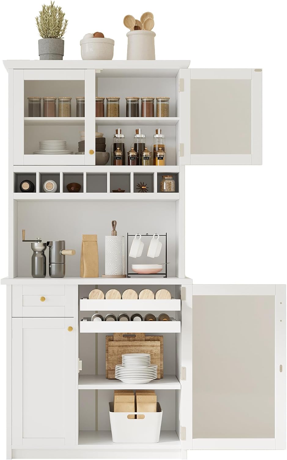 roomfitters Farmhouse Kitchen Pantry Buffet Hutch with Wine Rack and Glass Doors, Tall Storage Cabinet, White