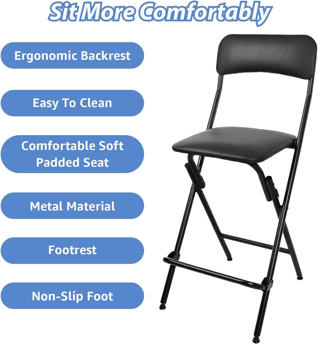 VENI HOME Folding Bar Stool with Backrest,25 Inch Leather Padded Counter Height Foldable Stool,Tall Folding Stool Chair for Gardening Kitchen Shop Cafe, Black (2 Pack)