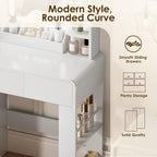 Vanity, Small Vanity Desk with Mirror and Lights, Side Shelf Storage Space, Compact Girls Dressing Table in Bedroom, Modern Round Curved Design, White