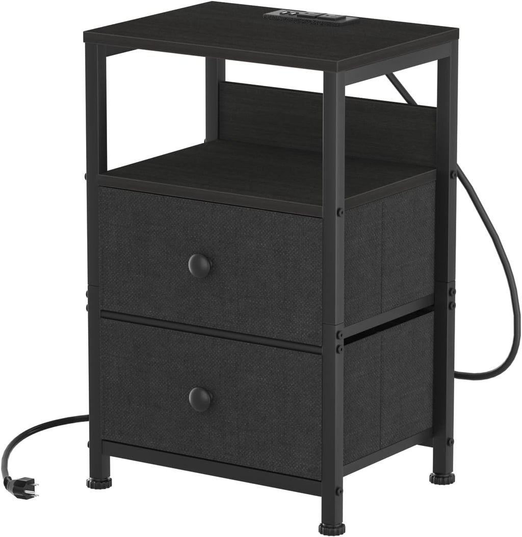End Table with Charging Station & USB Ports, Rustic Nightstand with Fabric Drawers and Storage Shelf, Sofa Bed Side Table, Narrow Entryway Table for Bedroom Living Room, Black