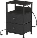 End Table with Charging Station & USB Ports, Rustic Nightstand with Fabric Drawers and Storage Shelf, Sofa Bed Side Table, Narrow Entryway Table for Bedroom Living Room, Black