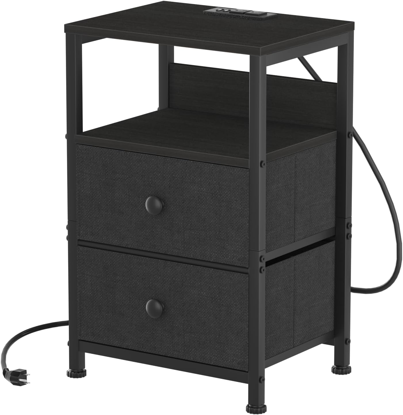 End Table with Charging Station & USB Ports, Rustic Nightstand with Fabric Drawers and Storage Shelf, Sofa Bed Side Table, Narrow Entryway Table for Bedroom Living Room, Black