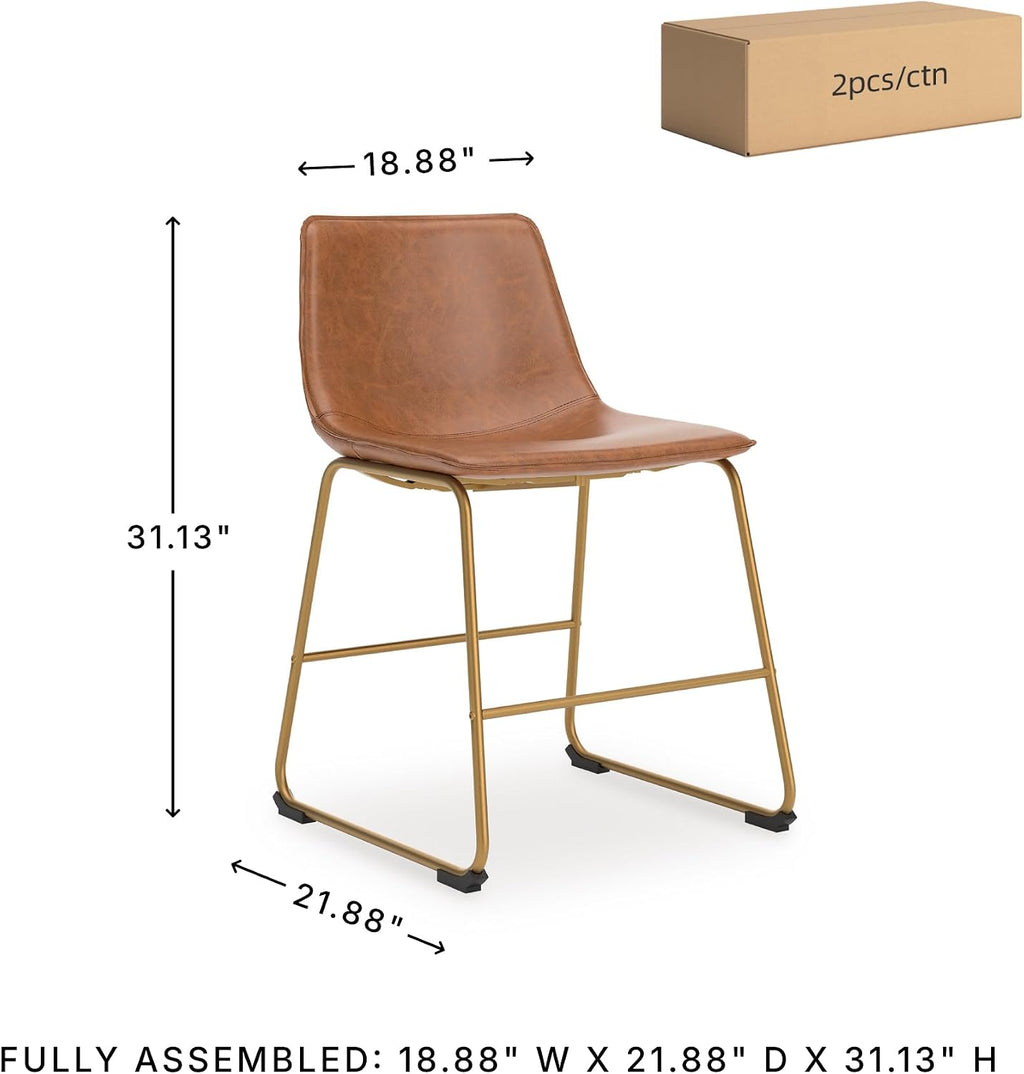Signature Design by Ashley Crandox Dining Chairs Set of 2, Mid Century Modern Bucket Seat, Faux Leather Upholstery with Gold Legs, Casual Seating for Kitchen and Dining Rooms, Light Brown