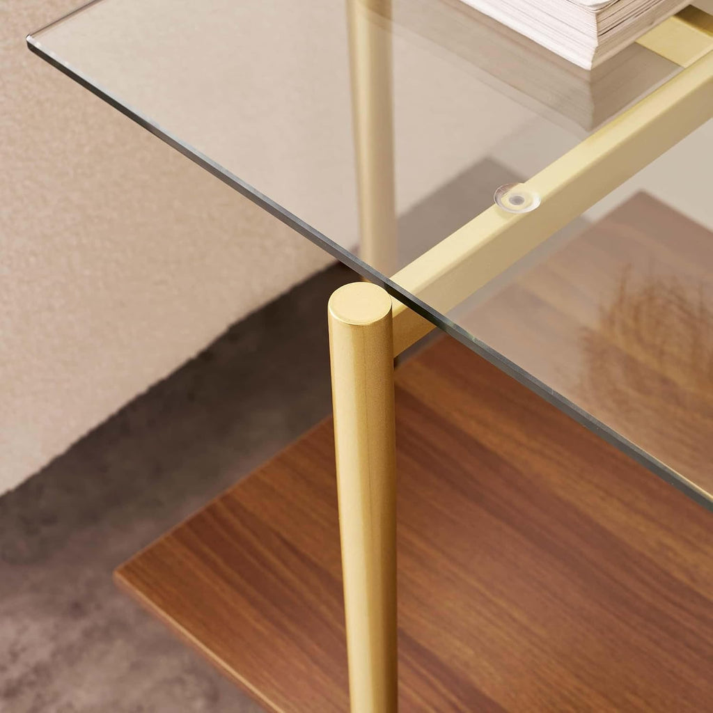LumFurn Glass End Table, Mid-Century Modern Design Sofa Table, for Living Room, 2-Tier Structure, Clear Glass Top and Walnut MDF Shelf, Sleek Conical Metal Legs with Gold Finish Frame