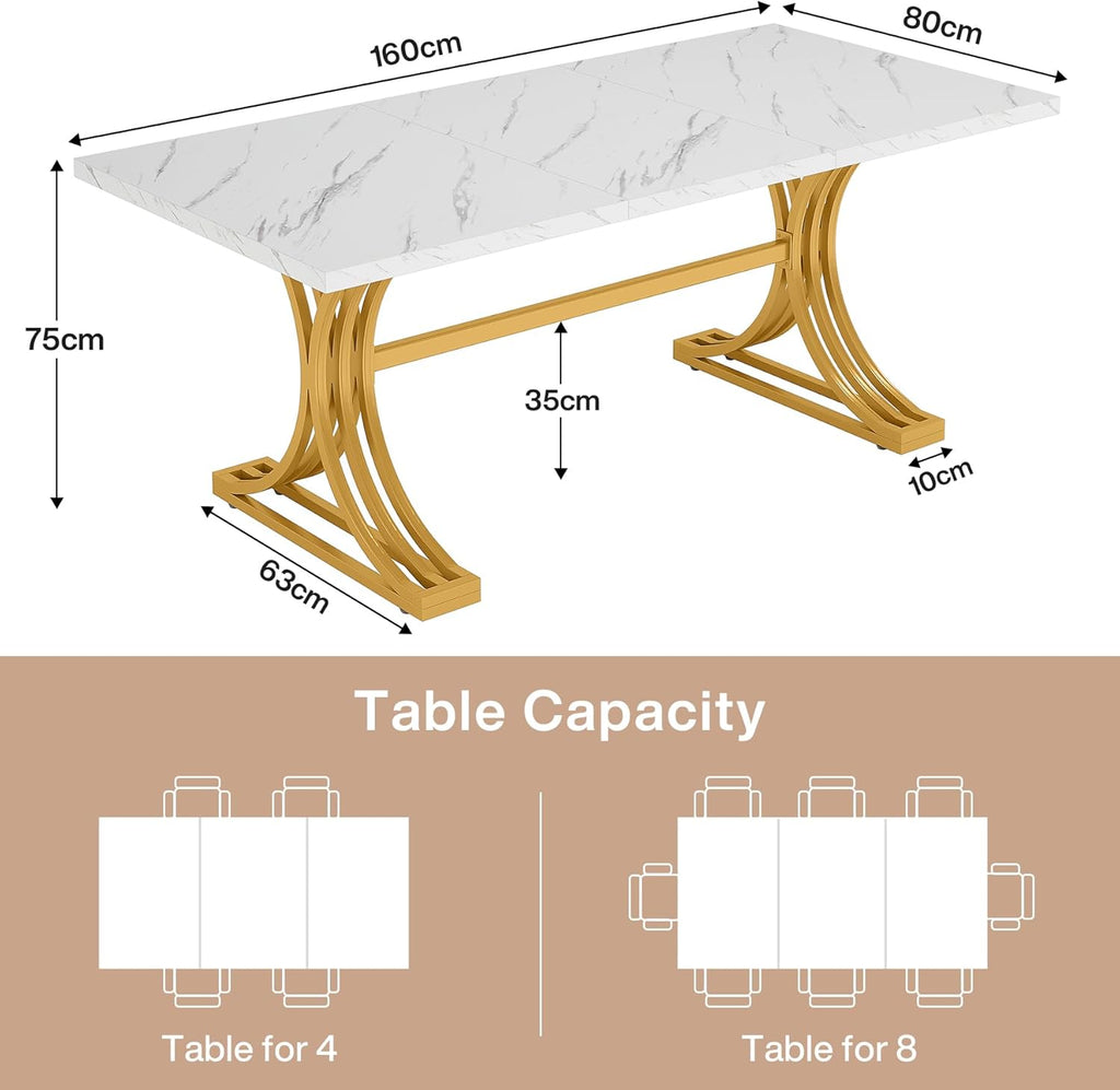 Tribesigns 63-Inch Rectangular Dining Table for 4 to 6, Modern Kitchen Table with Stylish Metal Legs, Large Dinner Tables for Dining Room, Only Table (Faux Marble White+Gold)