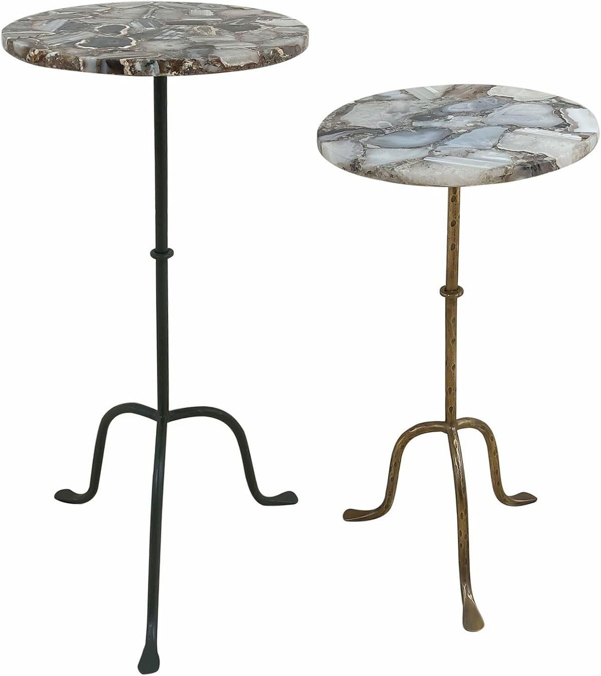 East at Main Agate Stone Cocktail and Martini Tables Set of 2 – Handcrafted Accent Tables with Polished Agate Tops, Side Tables for Living Room, Matte Black and Antique Brass Bases, 11” and 10” Sizes