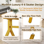 51.2 Inch Faux Marble Dining Table,Rectangular Glass Dining Table for 4-6,White Dining Room Table with Tempered Glass Tabletop and Golden Metal Legs,Luxury Dinner Table for Kitchen Apartment