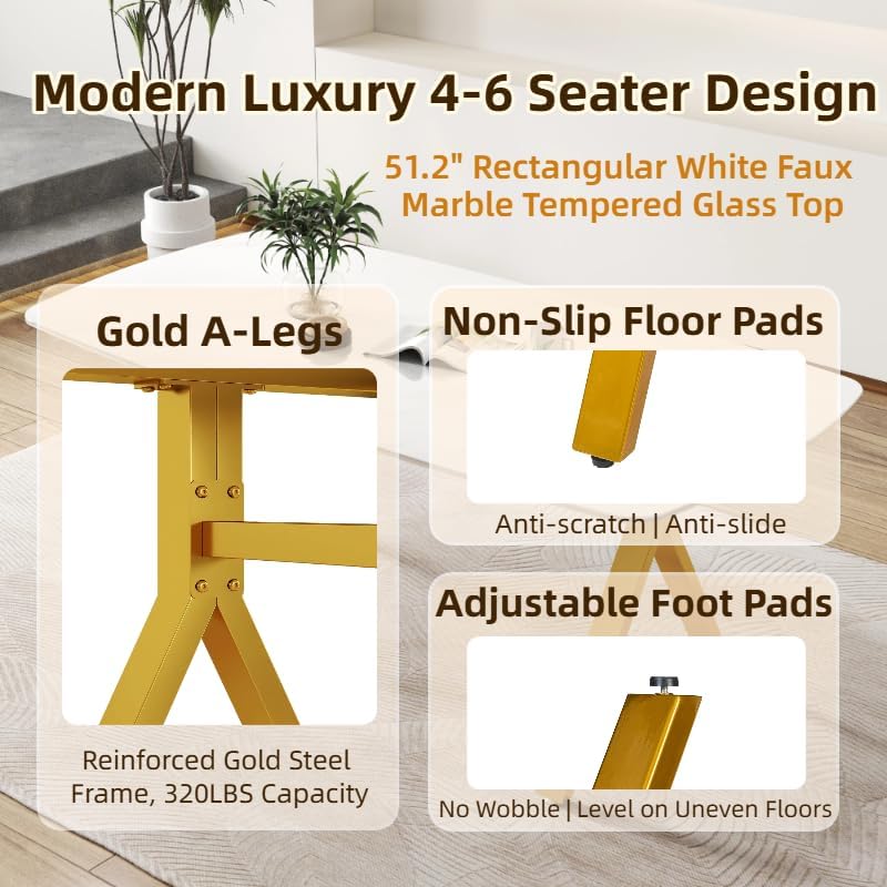 51.2 Inch Faux Marble Dining Table,Rectangular Glass Dining Table for 4-6,White Dining Room Table with Tempered Glass Tabletop and Golden Metal Legs,Luxury Dinner Table for Kitchen Apartment