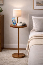 Drink Table for Small Spaces, 24” Tall Pedestal Side Table with Stable Base, Phone Holder & 2 Coasters, Natural Wood Accent End Table for Sofa, Bedside, Balcony or Living Room