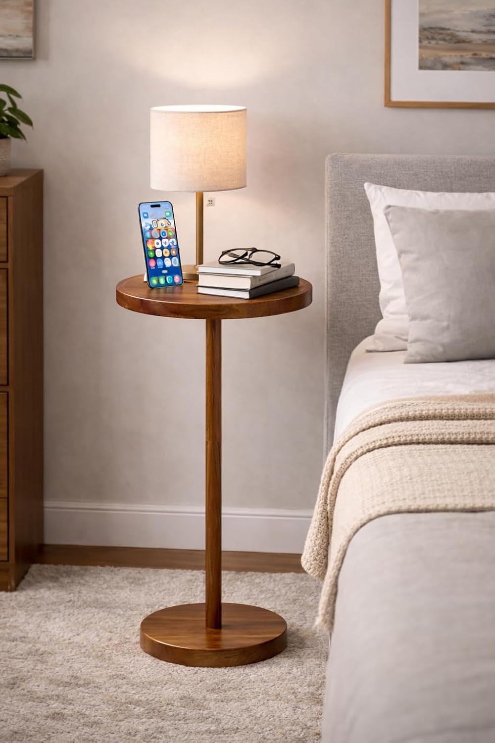 Drink Table for Small Spaces, 24” Tall Pedestal Side Table with Stable Base, Phone Holder & 2 Coasters, Natural Wood Accent End Table for Sofa, Bedside, Balcony or Living Room
