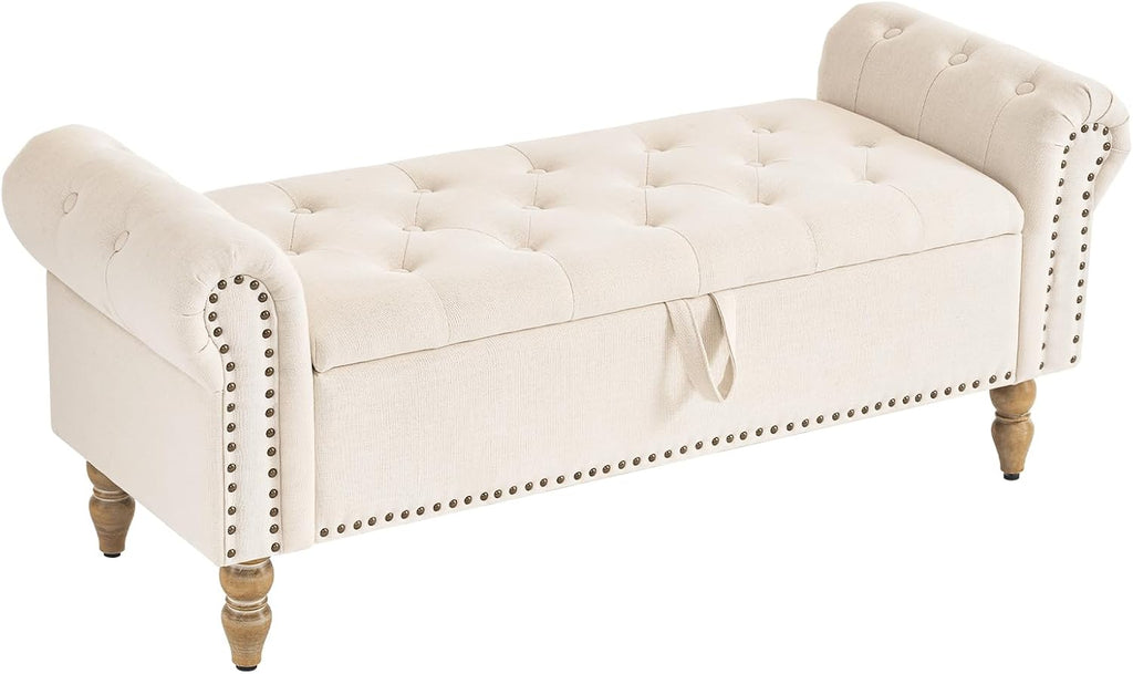 Furnimart Storage Bedroom Bench for End of Bed, Faux Linen Upholstered Storage Ottoman with Rolled Arms for Bedroom,Living Room, Entryway, 2.5Cubic Feet