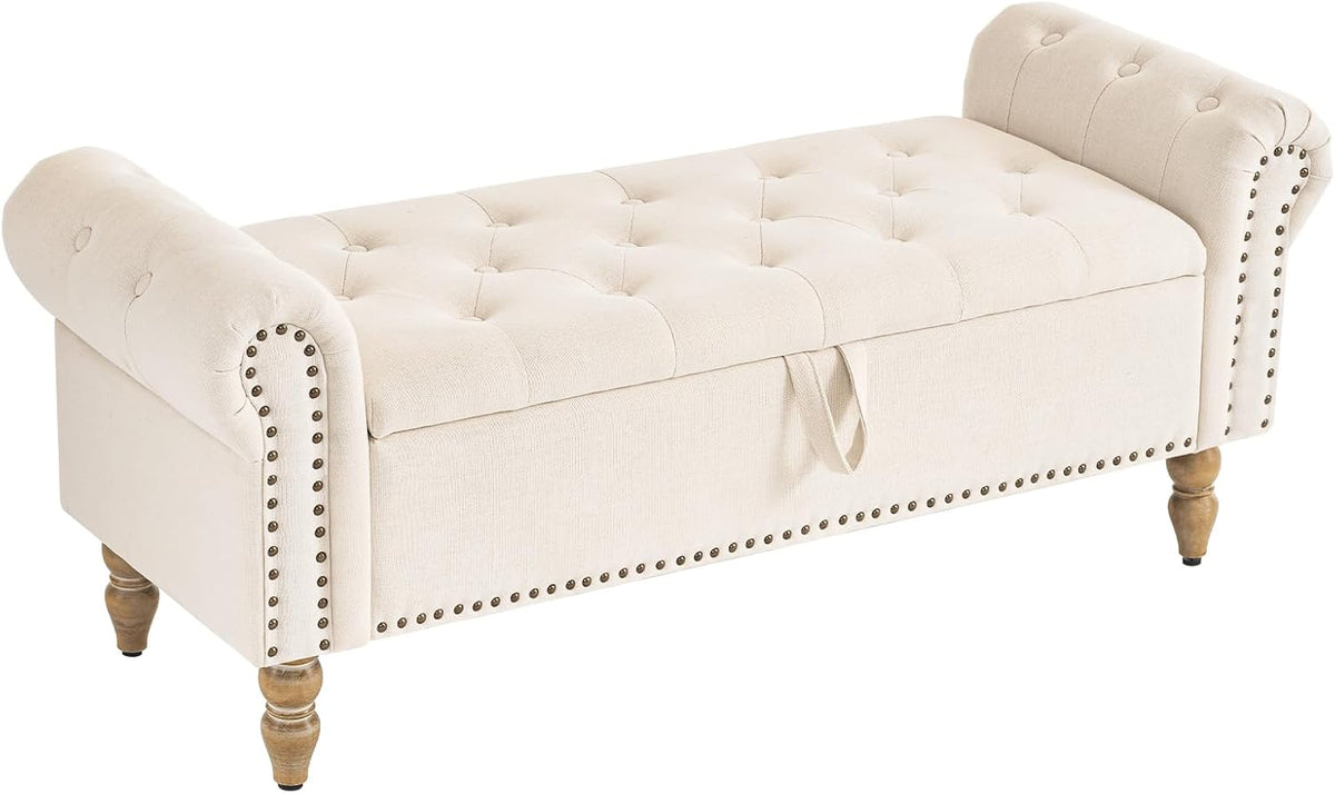 Furnimart Storage Bedroom Bench for End of Bed, Faux Linen Upholstered Storage Ottoman with Rolled Arms for Bedroom,Living Room, Entryway, 2.5Cubic Feet