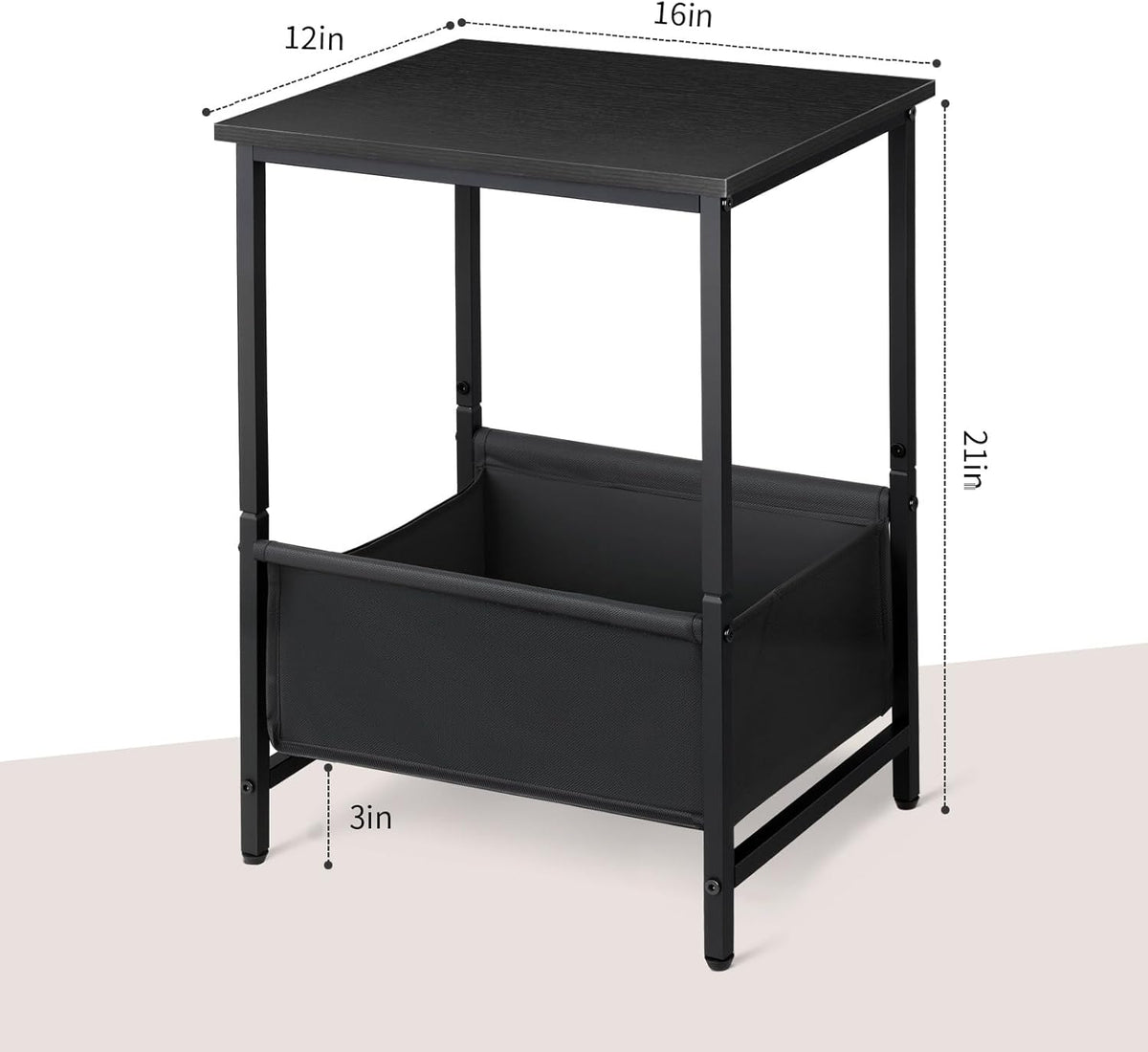 Small End Tables Set of 2, 2 Tier Side Tables with Fabric Storage Basket, Nightstands for Living Room, Bedroom, Office and Small Spaces, Black