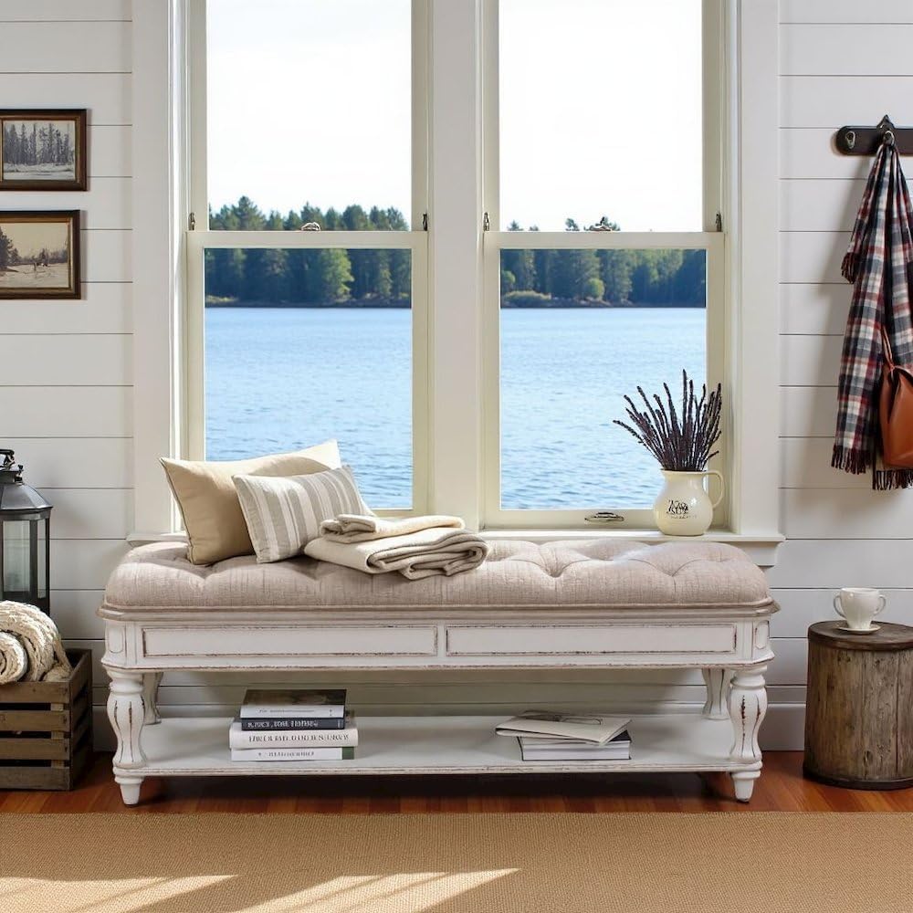 Starlight Canyon Home Antique White Bedroom Bench with Storage Shelf, Upholstered End of Bed Bench with Faceted Legs and Ivory Tweed Seat for Elegant Comfort