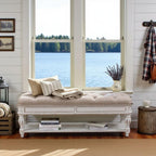Starlight Canyon Home Antique White Bedroom Bench with Storage Shelf, Upholstered End of Bed Bench with Faceted Legs and Ivory Tweed Seat for Elegant Comfort