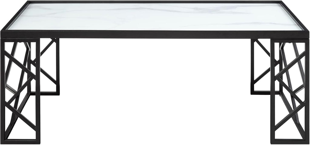 3pc Tables Set with Tempered Glass Top and Black Metal Frame | Includes 3-piece set with white marble-print tempered glass tops