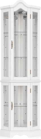 BELLEZE Lighted 3-Side Glass Display Curio Cabinet w/ Tempered Glass Doors and Shelves, Curved Wood Corner Cabinet with Bulb, Corner Storage Rack (White)