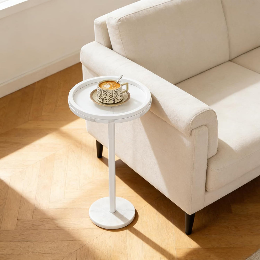 smusei Small Drink Table with Marble Base Round Side Table for Small Spaces Pedestal Side Table with Anti-Fall Guard for Living Room Bedroom Home Decor, White