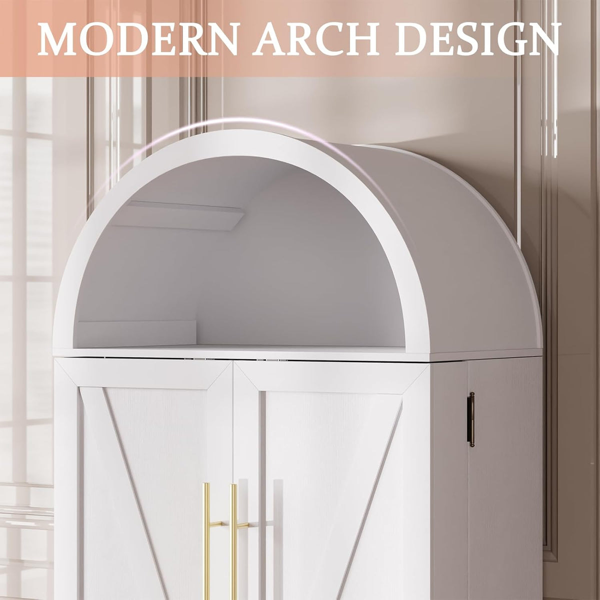 65" H Arched Kitchen Pantry, Modern Cupboard Storage Cabinet with 10 Side Storage Shelves & 3 Adjustable Shelves, Farmhouse Food Pantry Case for Living Room, Dining Room, White