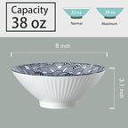 38 oz Japanese Ramen Bowl Set of 6 - Large 8 Inch Ceramic Soup Bowls, Blue and White Japanese Noodle Bowls for Pho, Ramen, and Salad - Wave Patterns
