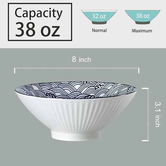 38 oz Japanese Ramen Bowl Set of 6 - Large 8 Inch Ceramic Soup Bowls, Blue and White Japanese Noodle Bowls for Pho, Ramen, and Salad - Wave Patterns